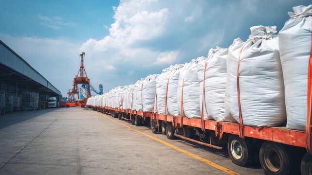 Stock piles of urea chemical fertilizer in jumbo bags ready for distribution at a shipping yard under a cloudy sky