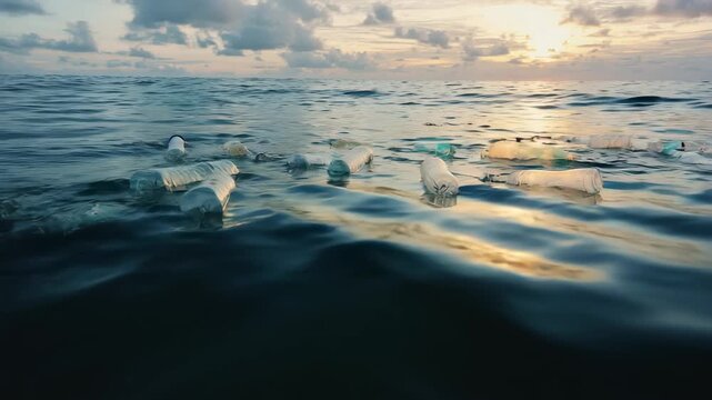 Plastic bottles floating in ocean waters during sunset reflecting environmental pollution and marine debris challenges