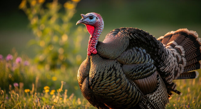 Close-up of a colorful wild turkey in a field. Its plumage is intricate, symbolizing nature, abundance, and a rural or autumnal setting