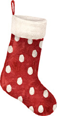 Watercolor christmas stocking with polka dots on transparent background.