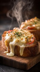 Delicious cheese toast recipe melted cheese on toast with tomato and herbs food photography