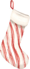 Watercolor christmas stocking with red stripes on transparent background.