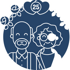 Stylized Illustration of an Elderly Couple Celebrating 25 Years Together with Roses and Hearts Against a Deep Blue Background