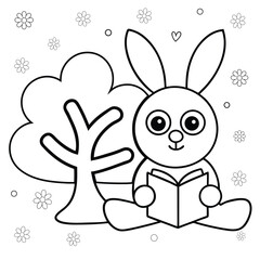 bunny reading book under tree with stack of books coloring page