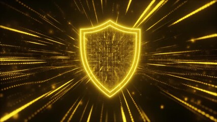 Radiant yellow shield made of pulsating light waves, surrounded by streams of digital particles. Energy pulses. Powerful cybersecurity defense. Sci-fi glow, futuristic animation.