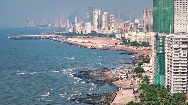 Aerial view of the Mumbai skyline featuring high-rise buildings in South Mumbai, Maharashtra, India. A cinematic shot capturing the stunning cityscape of Mumbai&rsquo;s iconic financial district.
