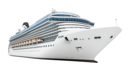A luxurious white passenger cruise ship is sailing across the deep blue ocean water during a summer vacation trip isolated on white background