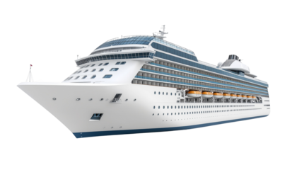 A luxurious white passenger cruise ship is sailing across the deep blue ocean water during a summer vacation trip isolated on white background