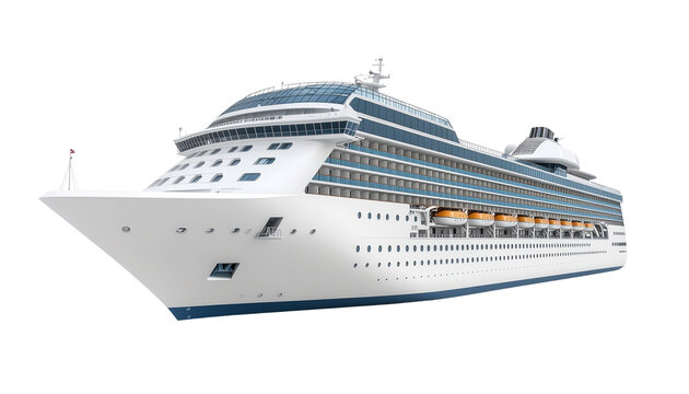 A luxurious white passenger cruise ship is sailing across the deep blue ocean water during a summer vacation trip isolated on white background