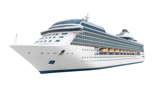 A luxurious white passenger cruise ship is sailing across the deep blue ocean water during a summer vacation trip isolated on white background