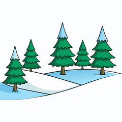 Illustration of a snowy landscape with evergreen trees