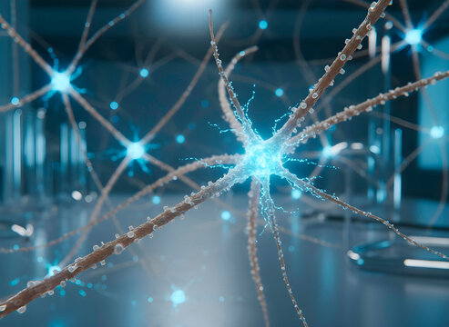 Microscopic neural network with glowing synapses, scientific visualization of brain activity, futuristic biology concept, set in a high-tech laboratory under bright, sterile lighting.