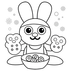 happy bunny baking cookies in kitchen wearing apron coloring page