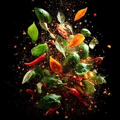 Fresh basil leaves red chili peppers and colorful spices explosion on black background food