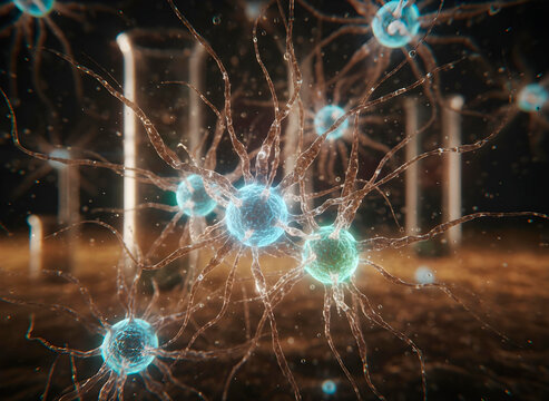 Close-up, macro image of vibrant, bioluminescent stem cells, showcasing intricate biological textures, science and medicine background, regenerative therapy concept
