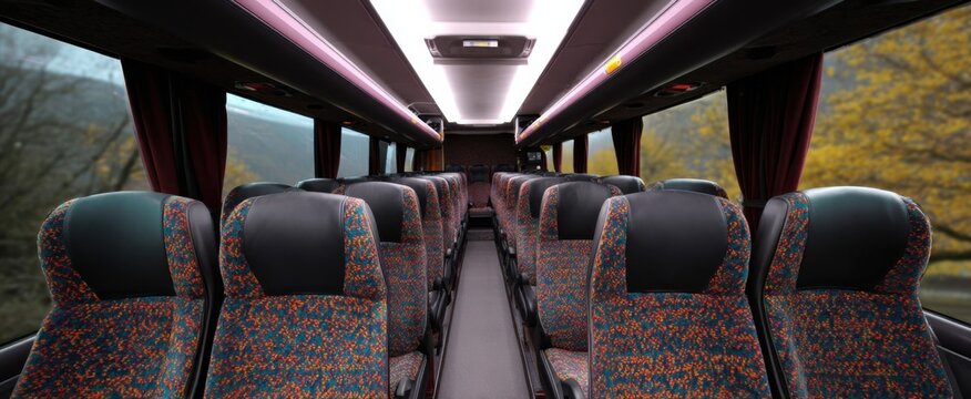 The interior seating of a coach bus features vibrant patterned upholstery and sleek ergonomic design