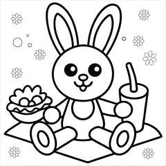 happy bunny sitting at picnic blanket eating fruit coloring page