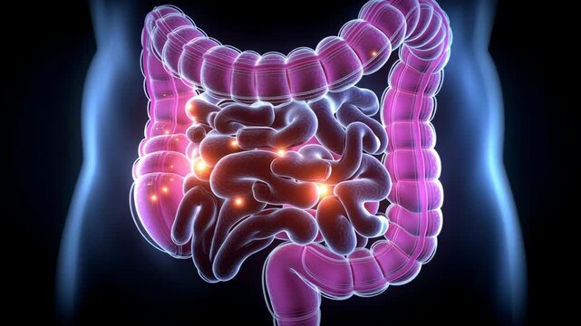 Detailed Visualization of Human Digestive System Exploring Intestines, Digestive Organs, and Areas Affected by Inflammation and Crohn Disease