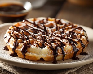 Delicious waffle with chocolate syrup and powdered sugar breakfast food photography