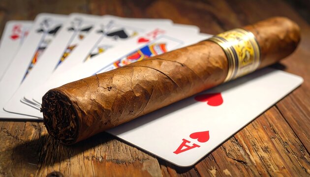 Close-up image shows playing cards fanned out with a large cigar resting atop an Ace of Hearts, with a rustic wooden background