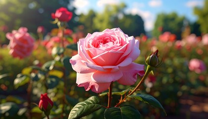 Close-up of a blooming pink rose in a garden with other roses in the blurred background under a clear blue sky