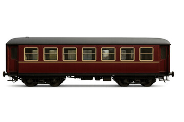 Vintage passenger train coach, a classic red railway car with golden frames, isolated on transparent background, transporting people