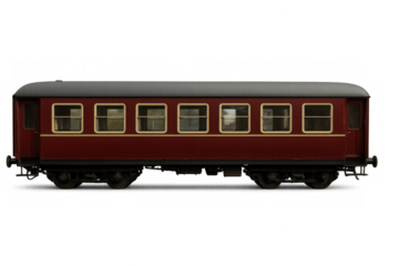 Vintage passenger train coach, a classic red railway car with golden frames, isolated on transparent background, transporting people