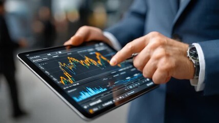 Market Analysis: A focused close-up captures a financial analyst engrossed in market analysis. The man studies the dynamic charts and graphs displayed on a tablet screen. - Powered by Adobe