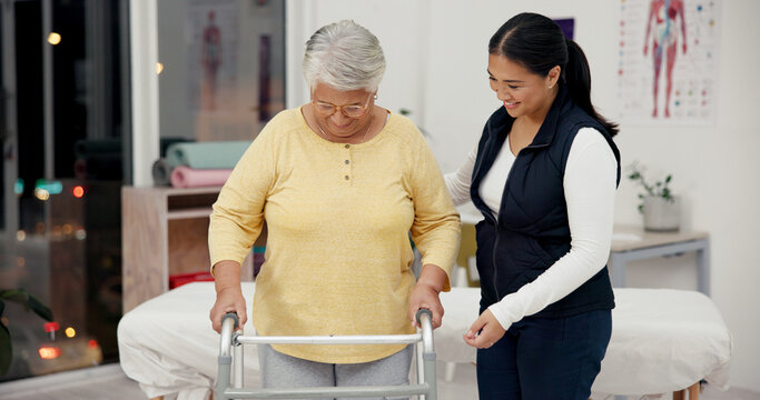 Helping, walker and physiotherapist with senior patient in clinic for medical consultation. Retirement, healthcare checkup and physical therapist with elderly person with a disability for support.