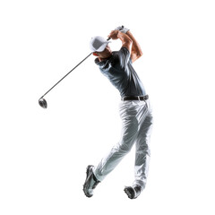 Fototapeta premium Golf player making a powerful swing on the course in sunny weather on a transparent background, cut out