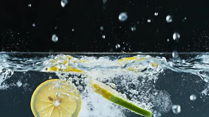 Invigorating citrus splash design, showcasing vibrant lemon and lime slices dynamically falling into crystal clear water, symbolizing natural freshness and energetic movement for a healthy lifestyle - Powered by Adobe