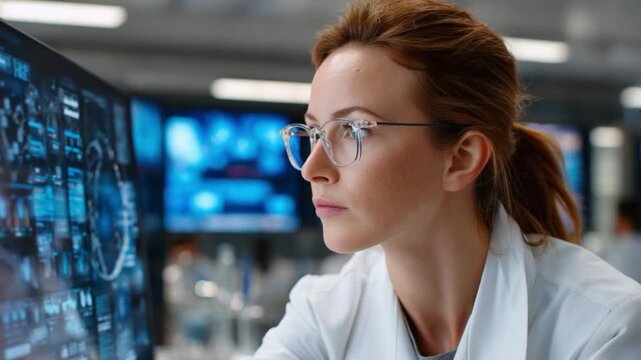 Focused Observation: A dedicated scientist wearing eyeglasses concentrates intently on data displayed on a large computer screen, embodying precision and focus in a laboratory setting.