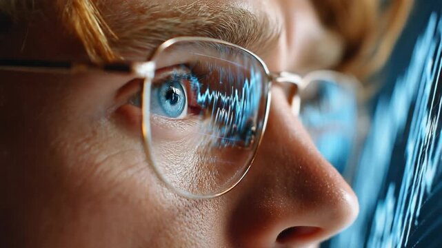 Market Gaze: A focused individual with reflective glasses, engrossed in the dynamic world of financial data, showcasing a close-up view of the reflection of the stock market