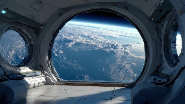 Spaceship interior with a stunning view of Earth through the round window showcasing clouds and ocean from an incredible perspective in outer space
