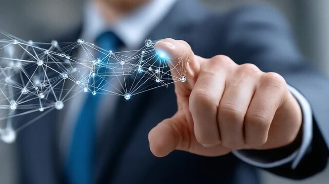 The Network Navigator: An executive in a sharp suit reaches out to interact with a complex network of data, symbolizing innovation, connection, and the future. 