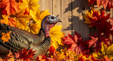 Image of a turkey surrounded by yellow and red fall foliage, showcasing seasonal transition and abundance, representative of Thanksgiving holiday celebration