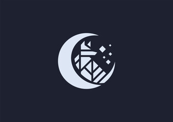 A powerful wolf and moon logo in geometric line art style, showing a howling wolf under a crescent moon, symbolizing loyalty, mystery, and wild nature, created as a sleek modern vector design © PULO