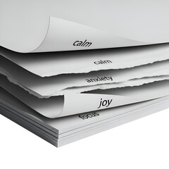 Stack of paper with words calm anxiety joy and focus.