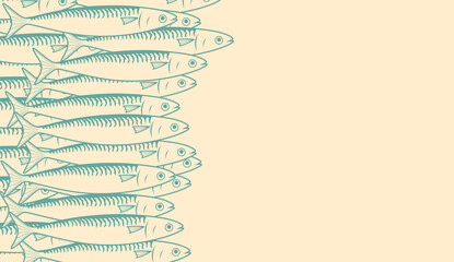 A school of fish in pastel colors. A minimalist marine fish design suitable for seafood design, packaging, backgrounds, and culinary projects. A school of mackerel.