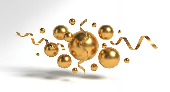 Sparkling golden spheres and ribbons float elegantly, evoking luxury, celebration, and sophisticated design for festive occasions and premium branding.