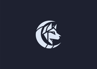 A powerful wolf and moon logo in geometric line art style, showing a howling wolf under a crescent moon, symbolizing loyalty, mystery, and wild nature, created as a sleek modern vector design