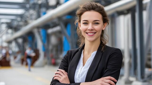 Confident Professional Amidst Industry: A poised and confident businesswoman with a warm smile exudes authority in a dynamic industrial setting.