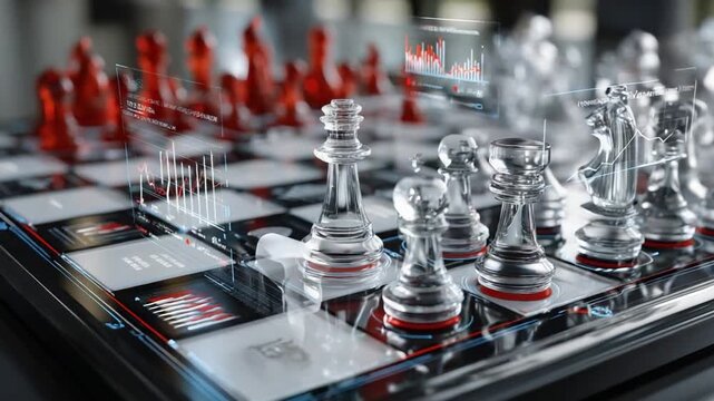 Strategic Moves: Glass chess pieces reflect data charts and board, metaphor for planning, analysis and strategy