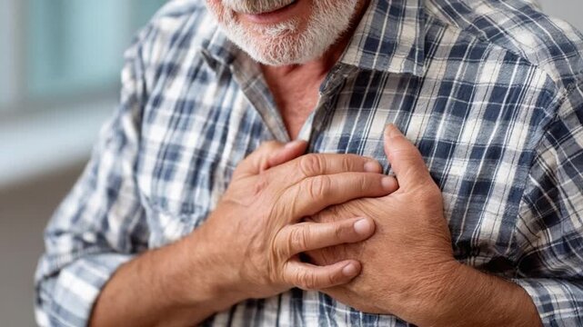 Heartfelt concern: An senior man clutching his chest with an expression of distress.