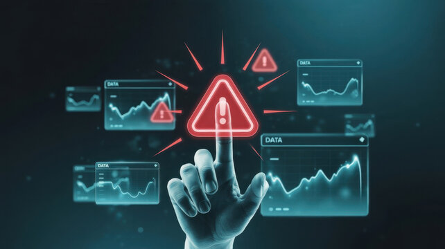 Hand touching a glowing red warning sign on a futuristic interface with data charts, symbolizing risk and alert in technology - Powered by Adobe
