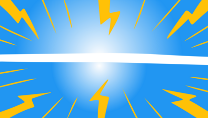 Blue background comic style design with lightning rays