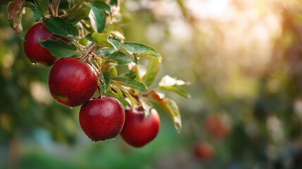 Red apples with water drops hanging on a tree branch in an apple orchard. Harvest season agricultural product background.