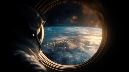 Fototapeta premium Astronaut looking out spaceship window at Earth at night. Space exploration and cosmic adventure. View of city lights from orbit.