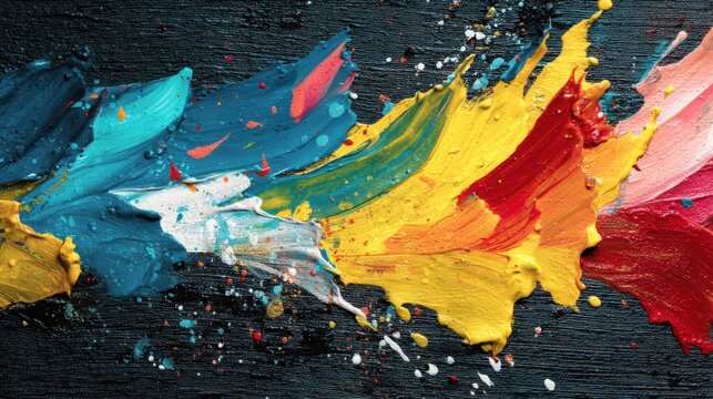Colorful paint brush strokes with splashes on dark background. Artistic abstract texture for creative design, banner, wallpaper.