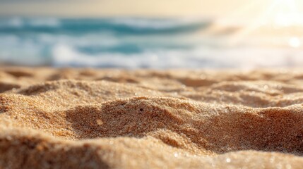 Close up view of sand grains on a sunny beach with blurred ocean waves in the background. Summer travel and vacation concept.